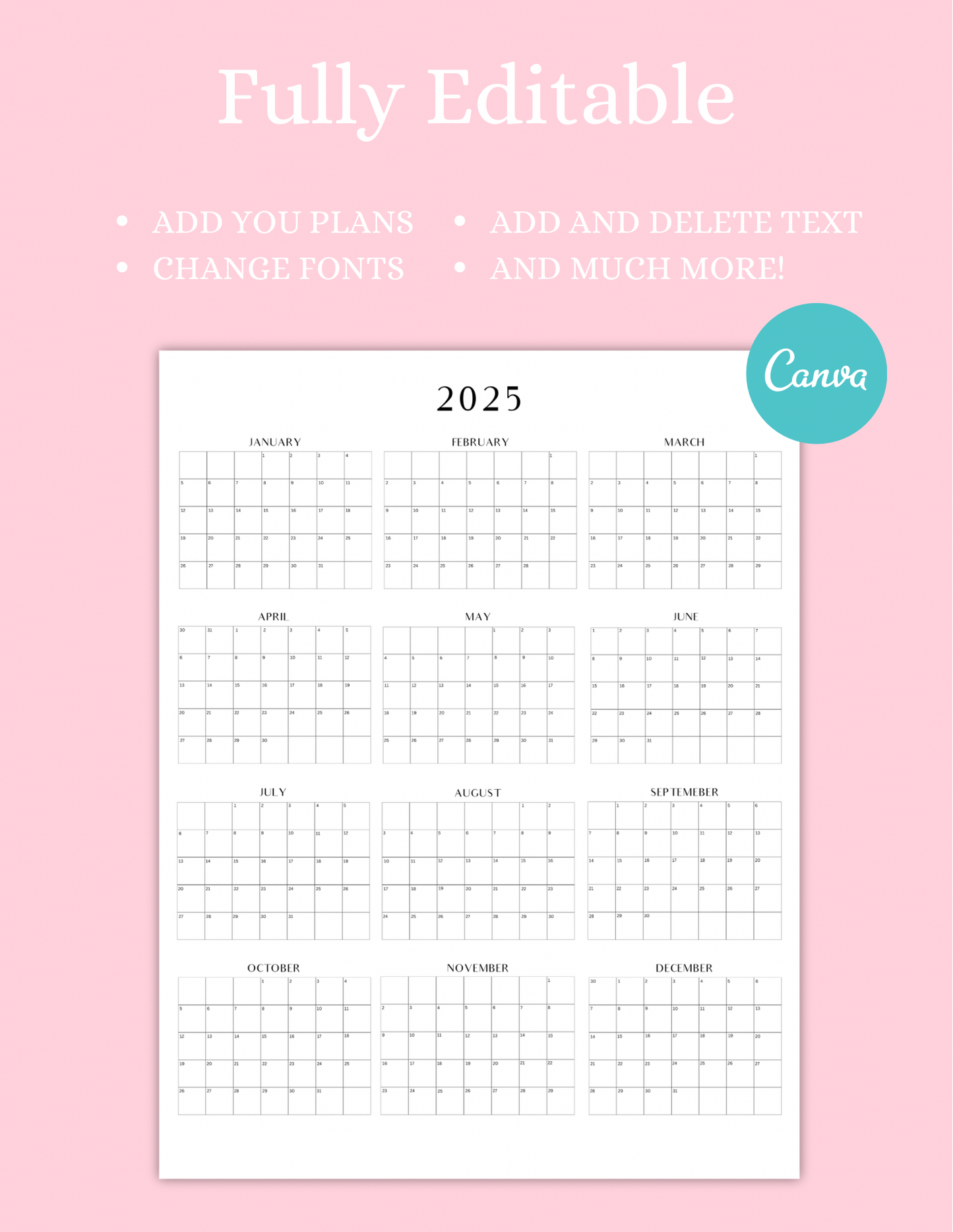 2025 Year at a Glance - Canva Editable Template